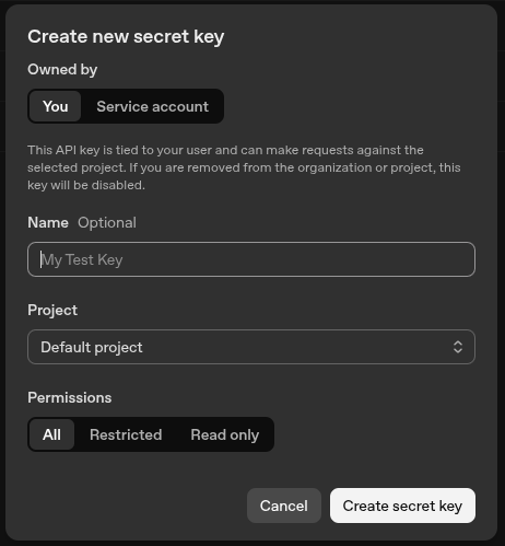 OpenAI form for creating a new secret key