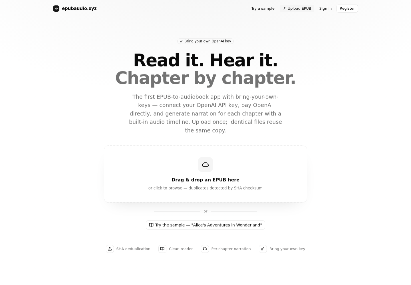 The epubaudio.xyz home page with the EPUB upload area