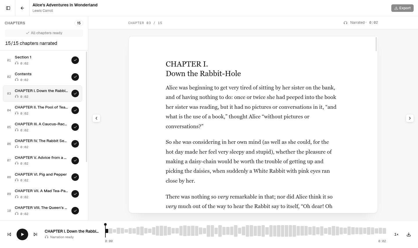 The epubaudio.xyz reader showing a book, chapter list, and audio timeline